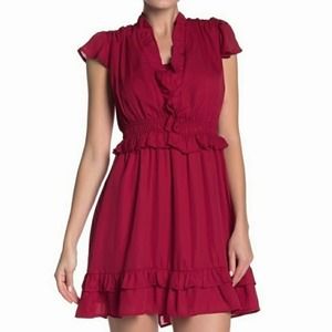 𝅺One One Six  New with tags Deep Red Ruffle trim V-neck Fit  and Flare Dress xs